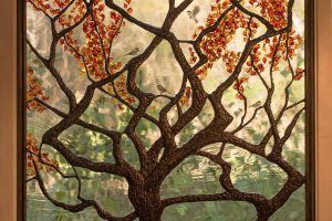 Autumn Tree Stained Glass Art Glass Flameworked Leaves Lampworked Sculpture Soldered Art