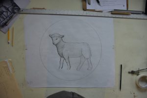 Cain Inc. Art Glass Stained Glass Drawing Design Lamb Painted Glass Daniel White
