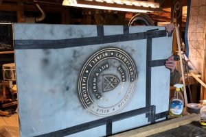 Cain Inc. Fork Union Military Academy Carved Glass Sandblasted Glass Vinyl Daniel White AssemblyCutting