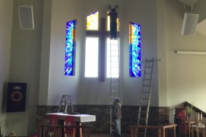 Cain Inc. Wayne Cain Installing Stained Glass Art Glass Sacred Religous Church Grace & Glory